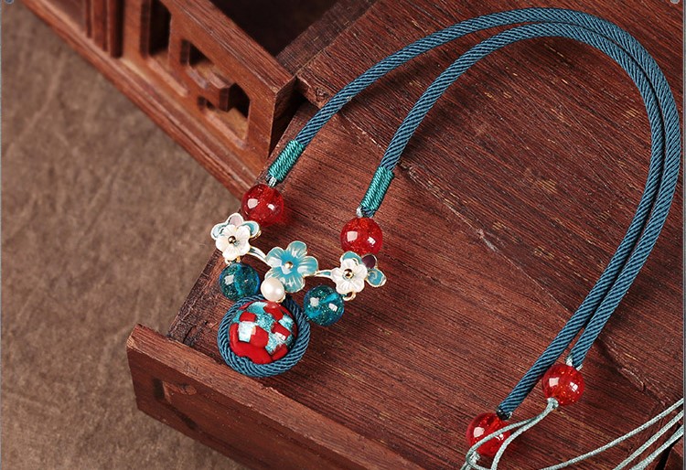 藍(lán)色琉璃吊墜家佳樂文學(xué)鎖骨鏈，古風(fēng)簡約花朵項鏈