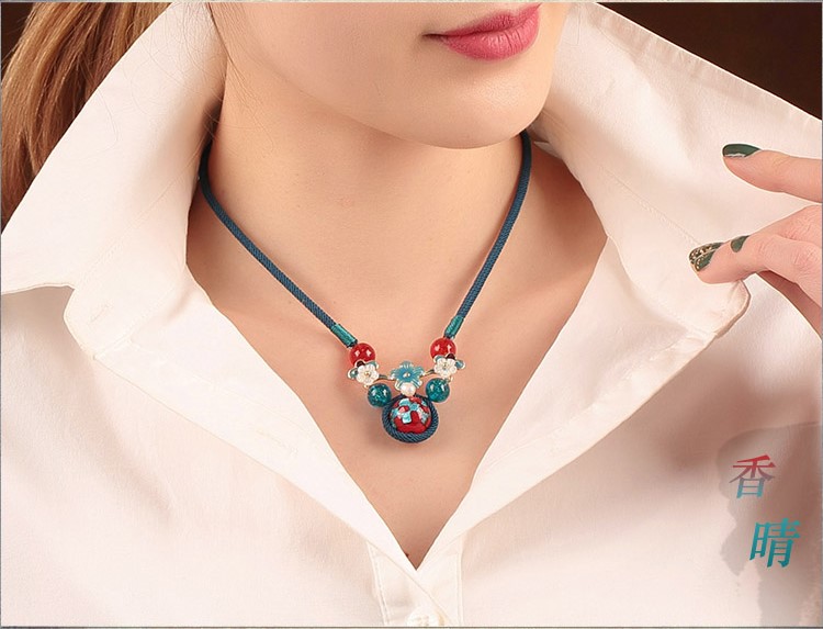 藍(lán)色琉璃吊墜家佳樂文學(xué)鎖骨鏈，古風(fēng)簡約花朵項鏈
