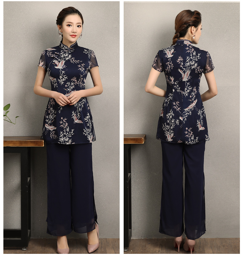 祥鶴印花中式旗袍，唐風(fēng)茶服旗袍上衣圖片