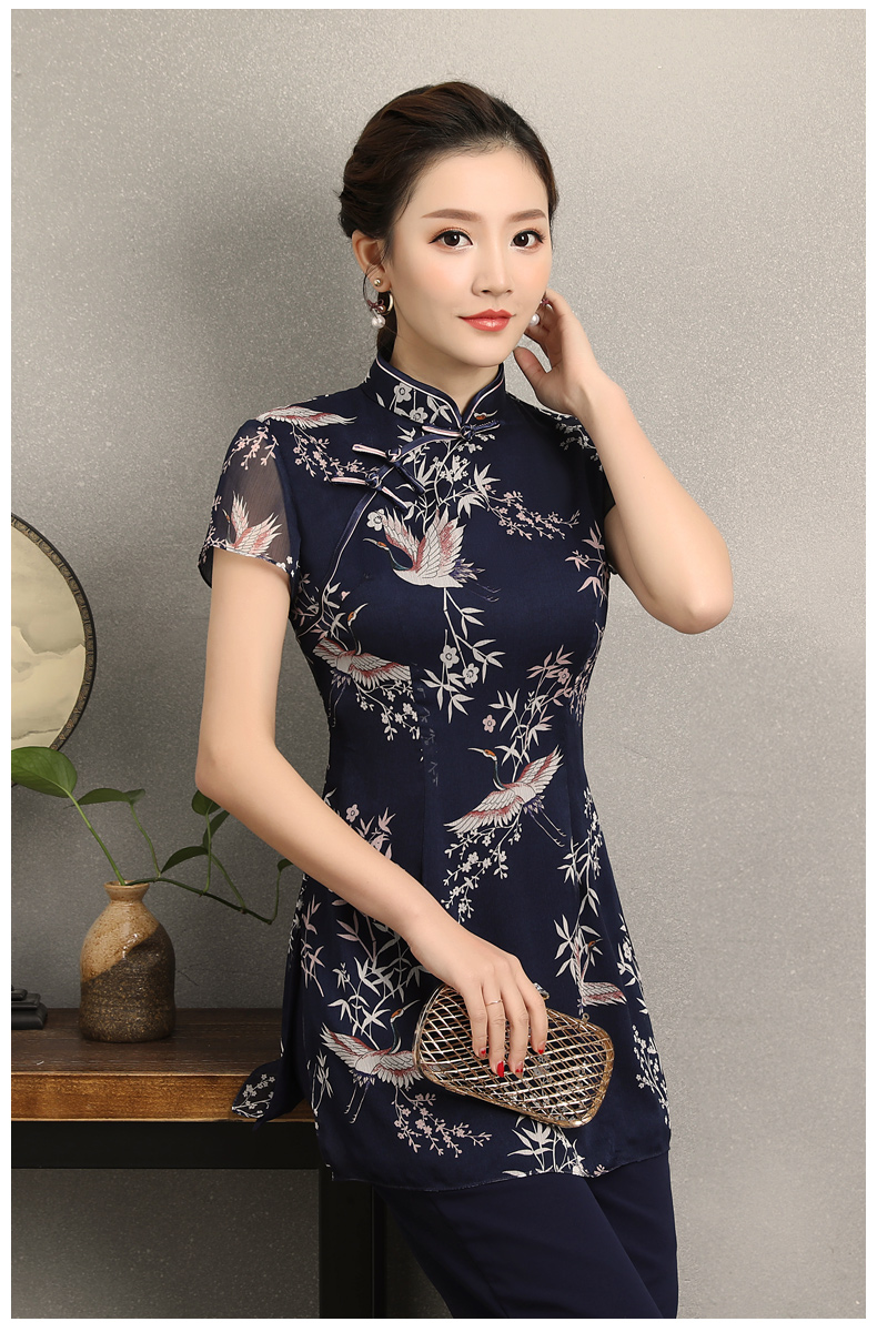 祥鶴印花中式旗袍，唐風(fēng)茶服旗袍上衣圖片