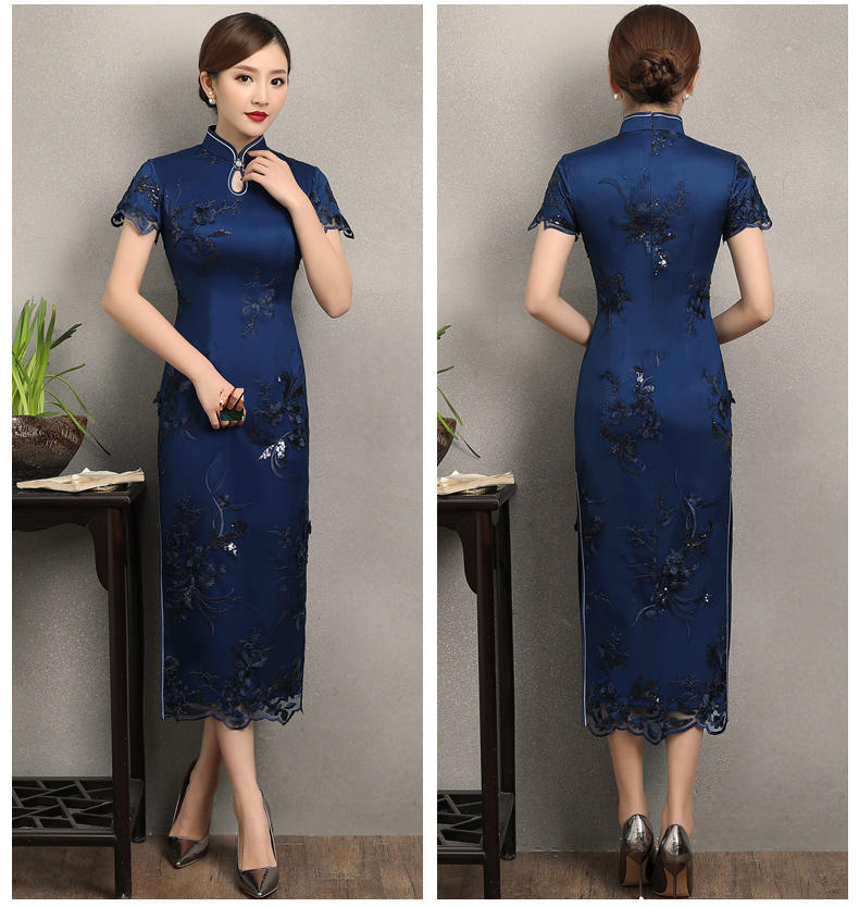 蘭蕓蕾絲繡花旗袍，優(yōu)雅知性短袖旗袍圖片