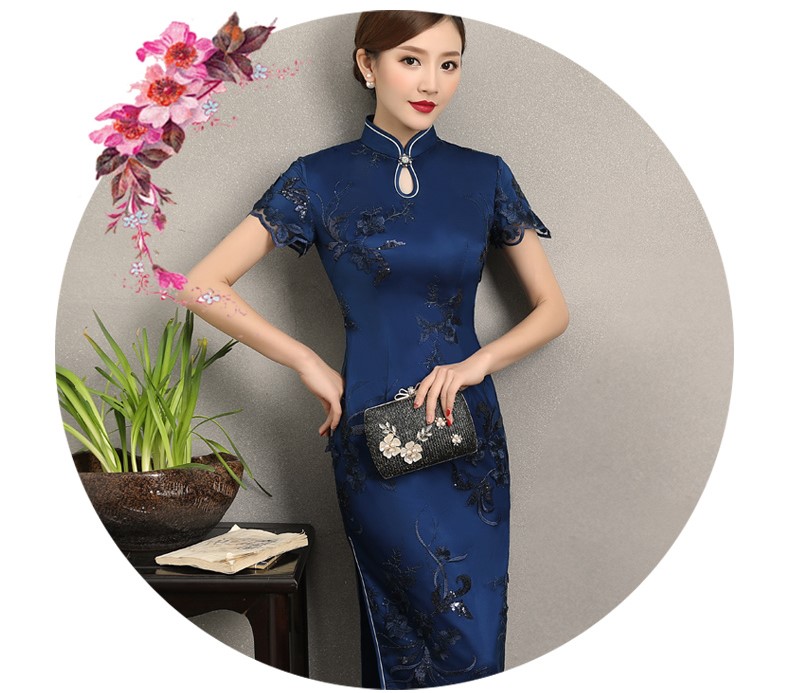 蘭蕓蕾絲繡花旗袍，優(yōu)雅知性短袖旗袍圖片