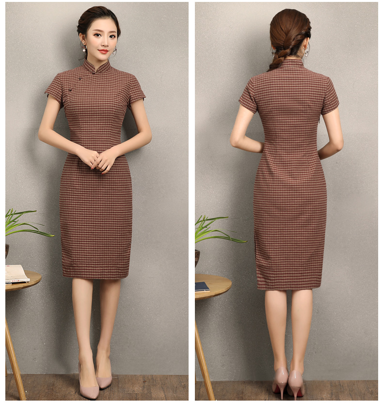 民國(guó)風(fēng)復(fù)古格子旗袍，改良棉麻短袖旗袍圖片