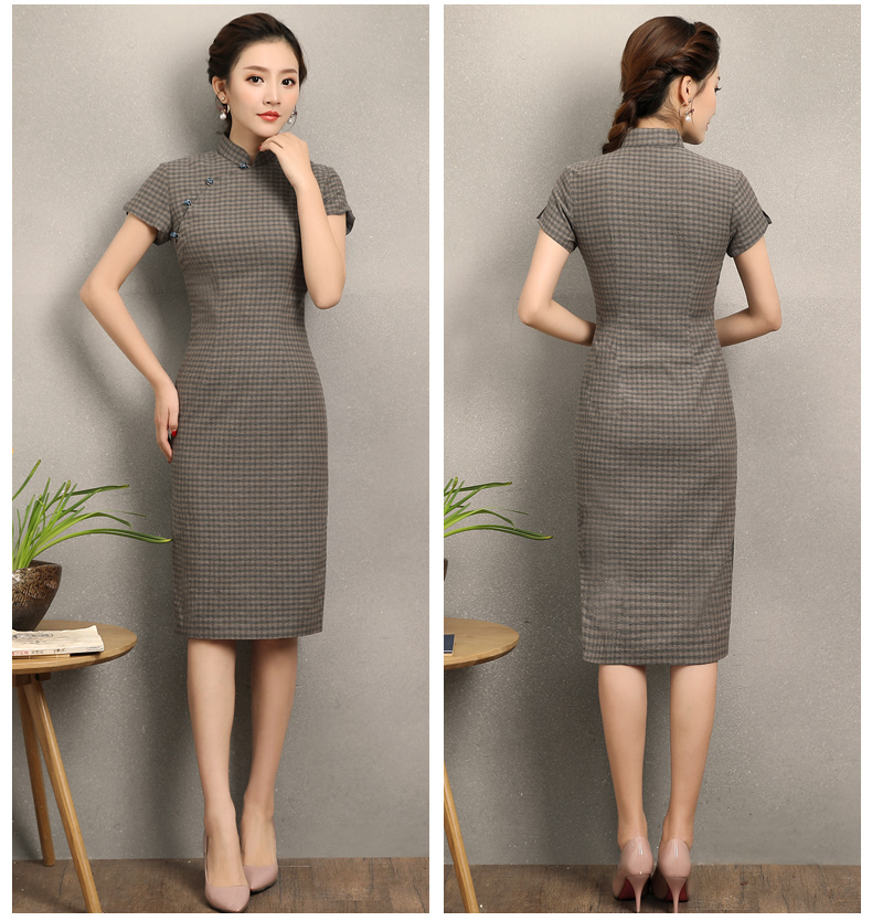 民國(guó)風(fēng)復(fù)古格子旗袍，改良棉麻短袖旗袍圖片