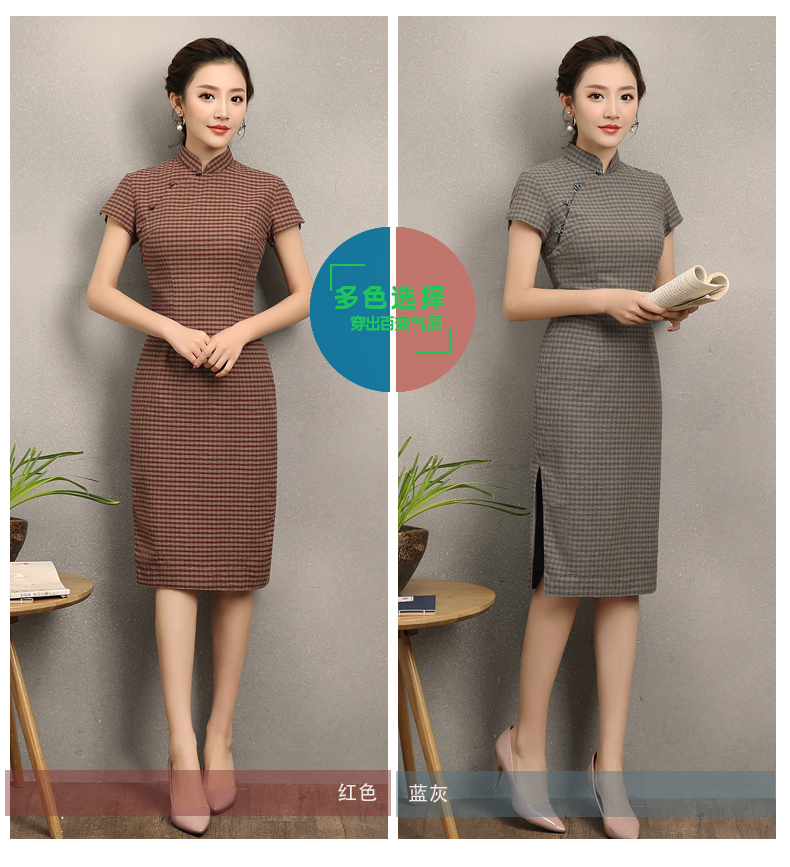 民國(guó)風(fēng)復(fù)古格子旗袍，改良棉麻短袖旗袍圖片