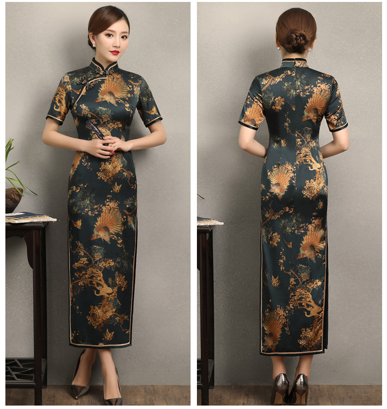 墨綠印花復古短袖旗袍，優(yōu)雅浪漫旗袍圖片
