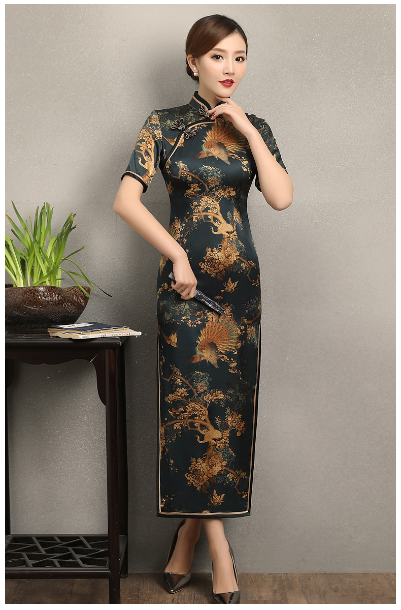 墨綠印花復古短袖旗袍，優(yōu)雅浪漫旗袍圖片