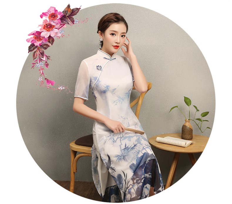 藍伊水墨印花旗袍，中式修身短袖旗袍裙