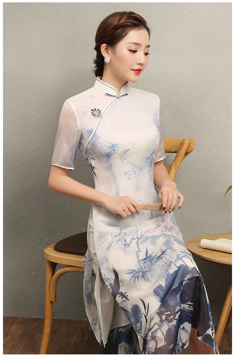 藍伊水墨印花旗袍，中式修身短袖旗袍裙