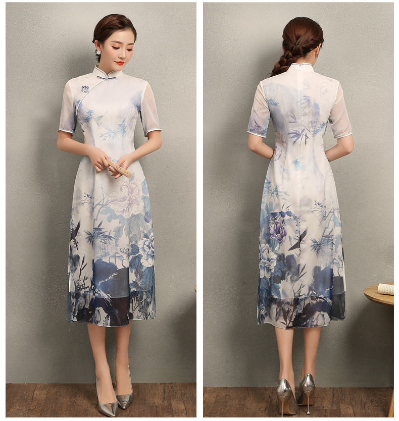 藍伊水墨印花旗袍，中式修身短袖旗袍裙