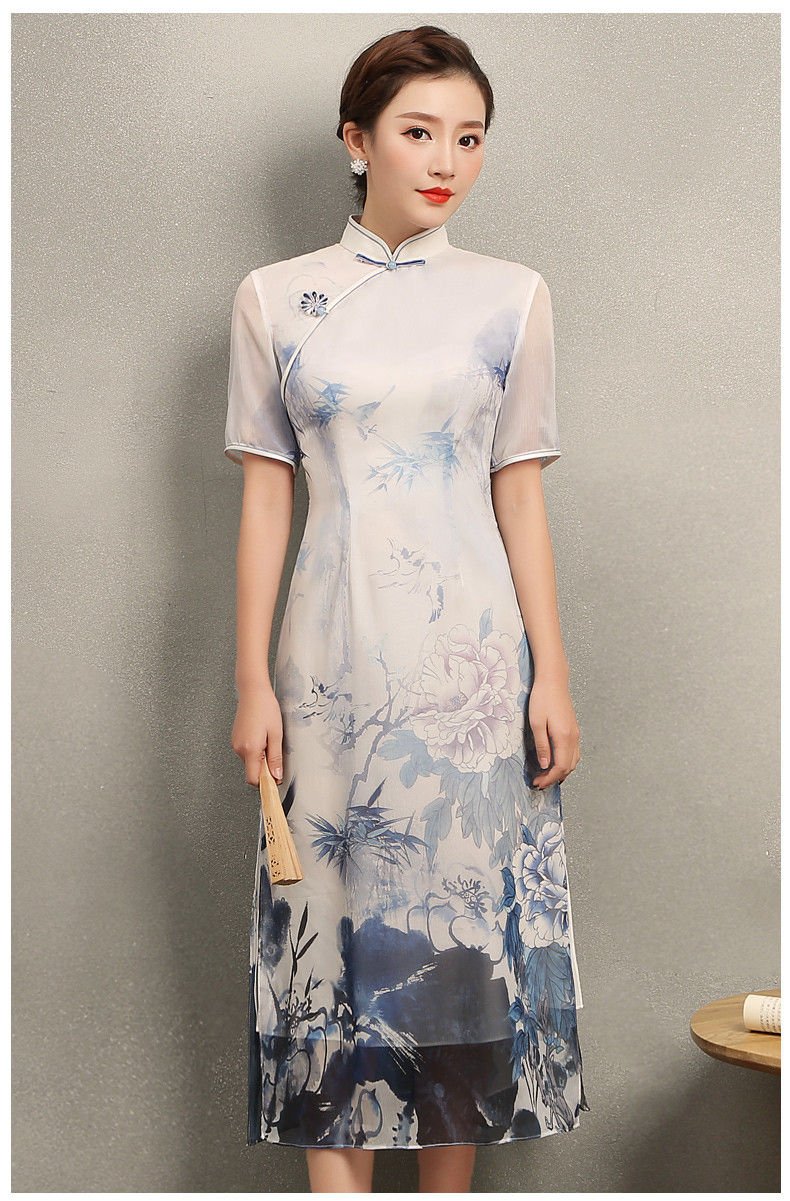 藍伊水墨印花旗袍，中式修身短袖旗袍裙