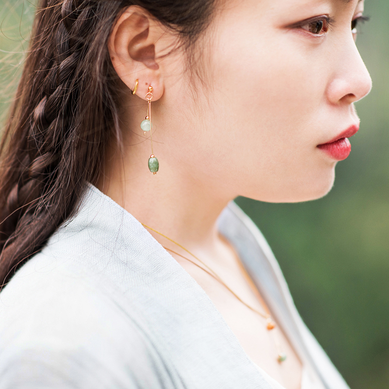 清新微雨耳環(huán)，天然冰種翡翠9K金珠耳釘首飾