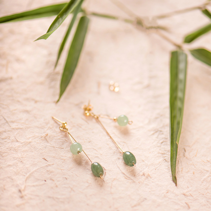 清新微雨耳環(huán)，天然冰種翡翠9K金珠耳釘首飾