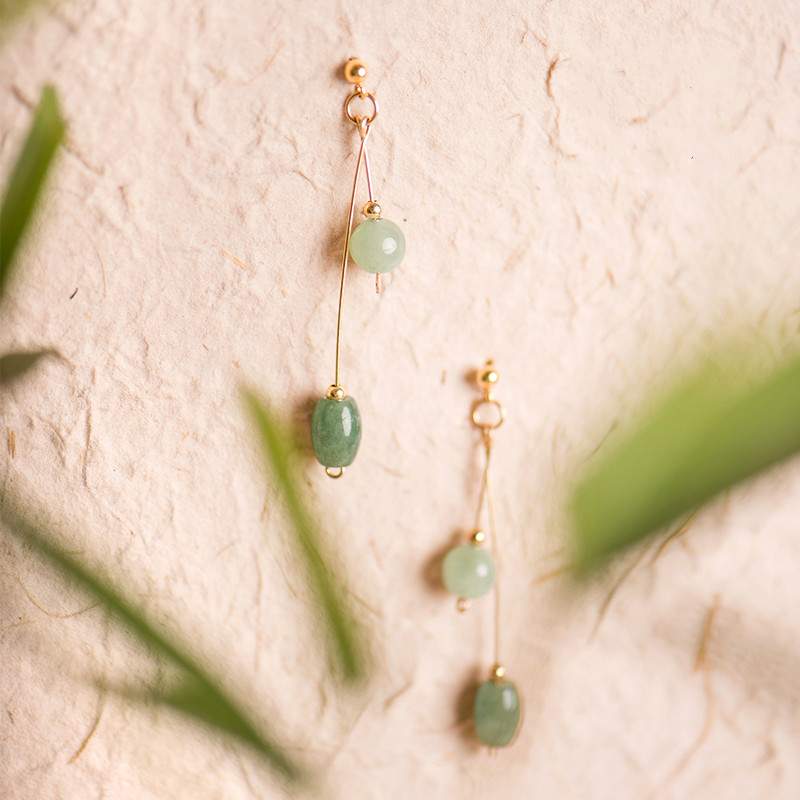 清新微雨耳環(huán)，天然冰種翡翠9K金珠耳釘首飾
