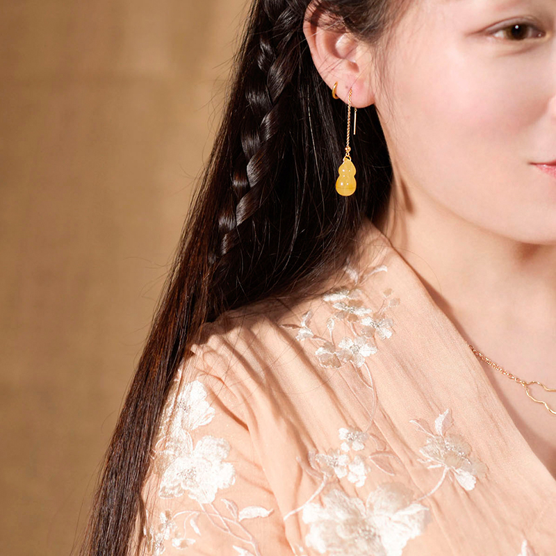 福祿蜜蠟葫蘆耳環(huán)，天然蜜蠟9K金耳線首飾