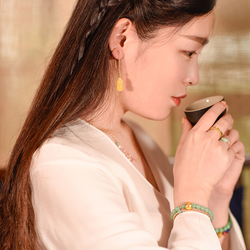 福祿蜜蠟葫蘆耳環(huán)，天然蜜蠟9K金耳線首飾