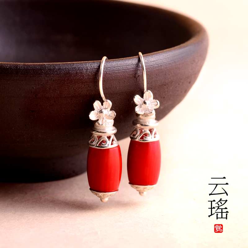 云瑤紅珊瑚耳墜耳環(huán)，本命年民族風(fēng)首飾
