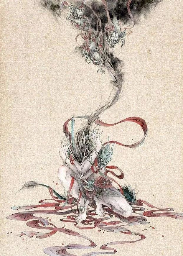 古典唯美插畫(huà)：杉澤的家佳樂(lè)文學(xué)水墨百鬼圖插畫(huà)