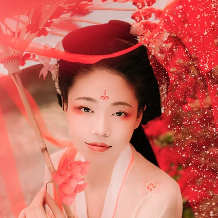 花間佳人帶傘女生頭像，唯美古風真人頭像