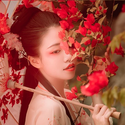 花間佳人帶傘女生頭像，唯美古風真人頭像