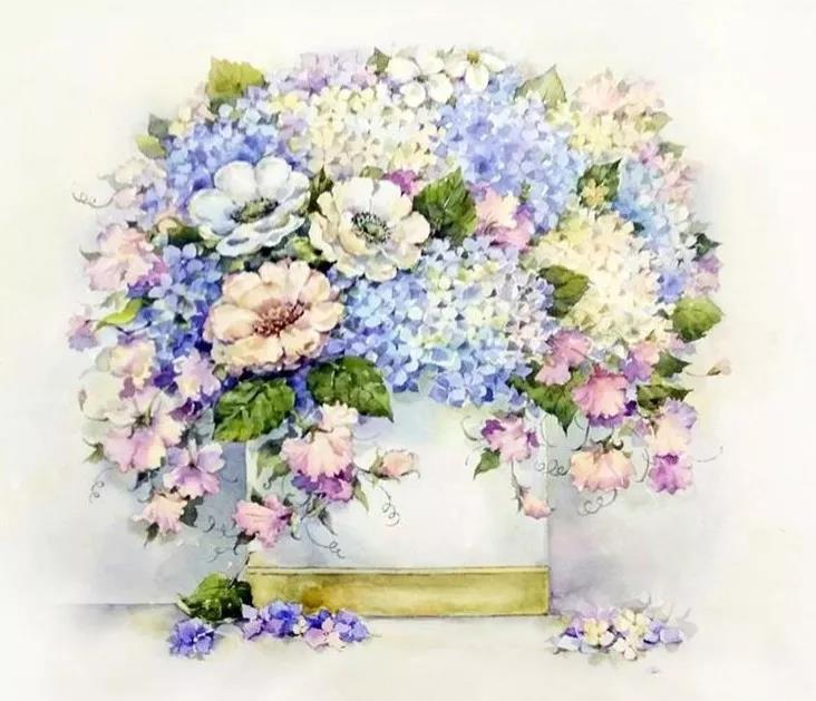 花團(tuán)錦簇時(shí)尚水彩插畫(huà)，唯美花卉插畫(huà)圖片