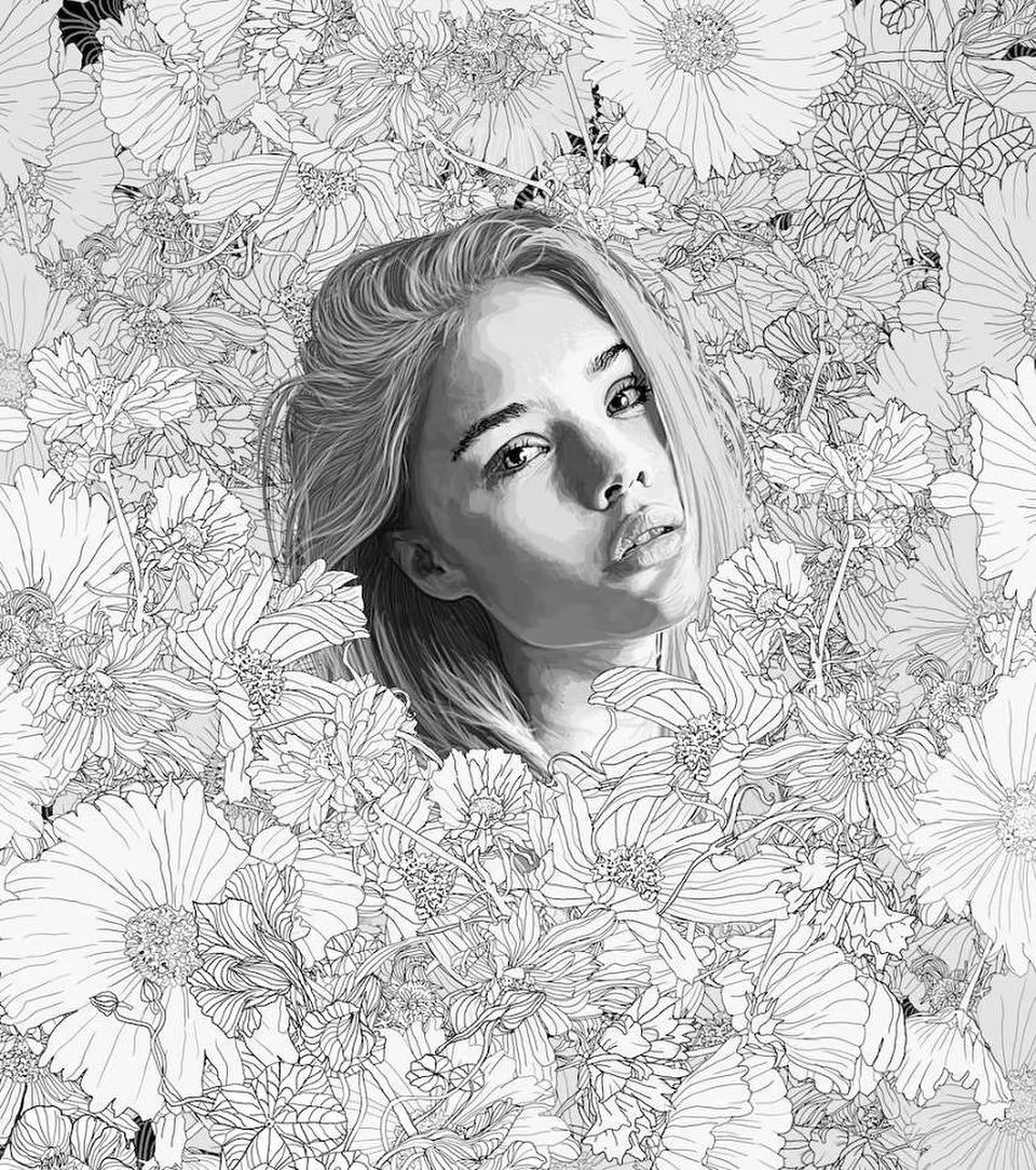 美人與花插畫：用線條淋漓盡致展現(xiàn)女性魅力！