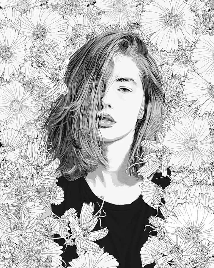 美人與花插畫：用線條淋漓盡致展現(xiàn)女性魅力！