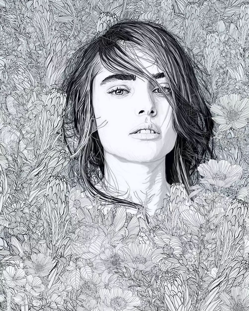 美人與花插畫：用線條淋漓盡致展現(xiàn)女性魅力！