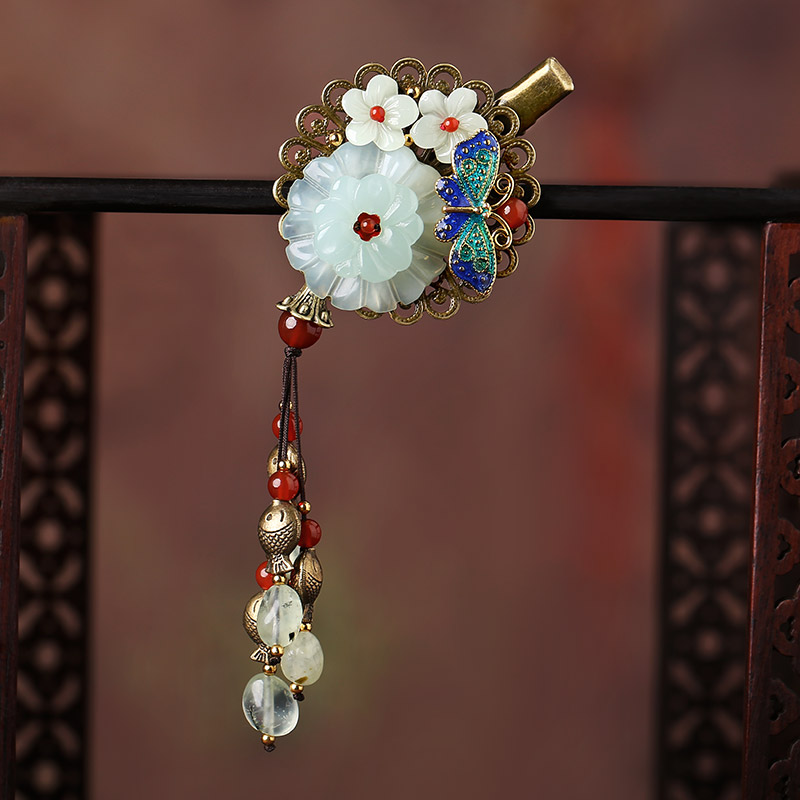 岫玉花朵發(fā)夾，復(fù)古流蘇發(fā)夾頭飾