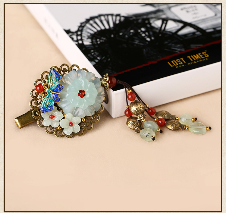 岫玉花朵發(fā)夾，復(fù)古流蘇發(fā)夾頭飾