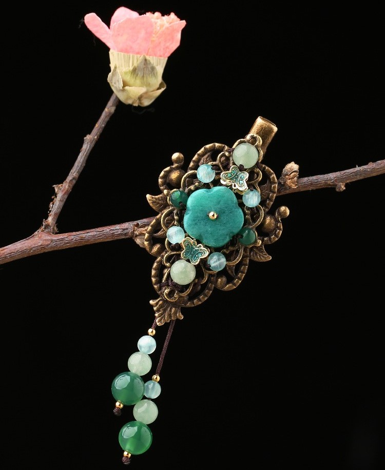 復(fù)古風(fēng)流蘇小發(fā)夾，古典碧綠發(fā)夾頭飾