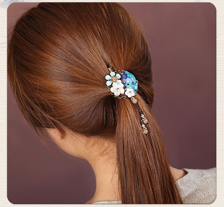 貝殼花朵流蘇小發(fā)夾，古風(fēng)藍(lán)魚兒發(fā)夾頭飾