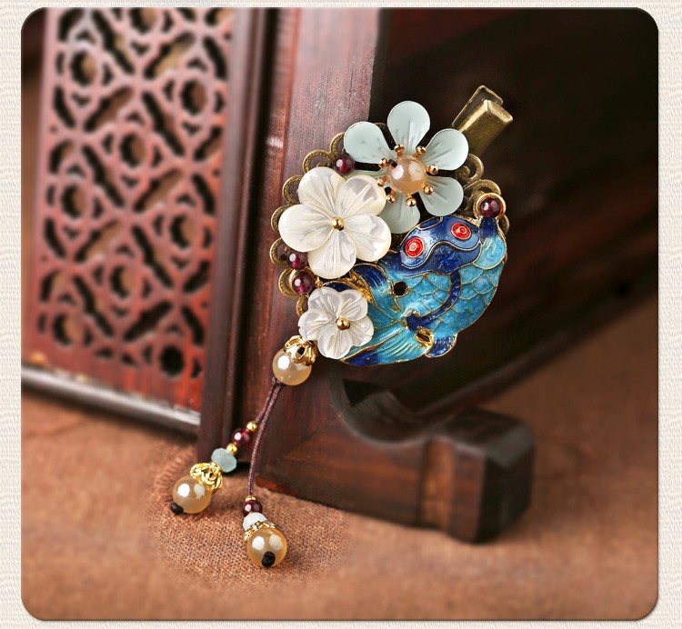 貝殼花朵流蘇小發(fā)夾，古風(fēng)藍(lán)魚兒發(fā)夾頭飾