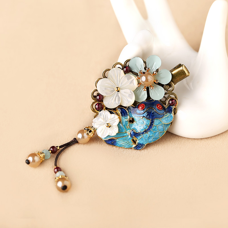 貝殼花朵流蘇小發(fā)夾，古風(fēng)藍(lán)魚兒發(fā)夾頭飾