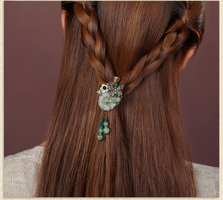 古銅花朵流蘇小發(fā)夾，岫玉花朵發(fā)夾頭飾