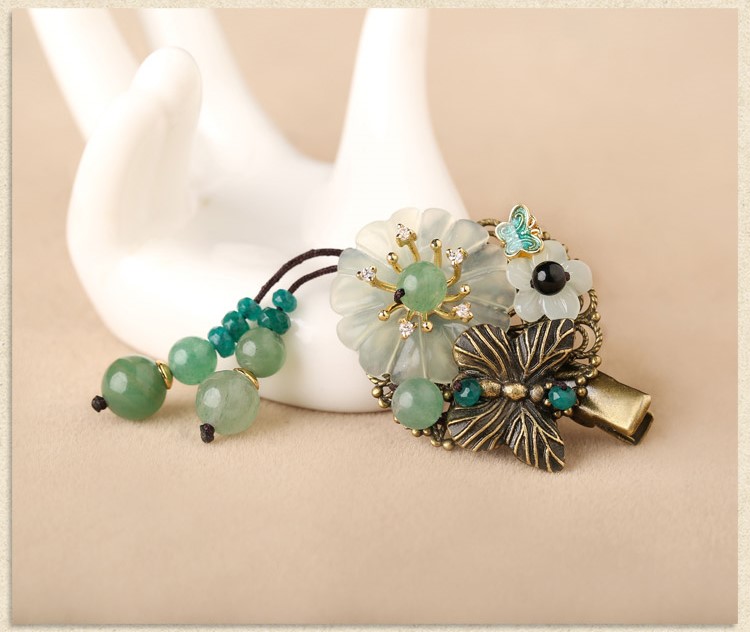古銅花朵流蘇小發(fā)夾，岫玉花朵發(fā)夾頭飾