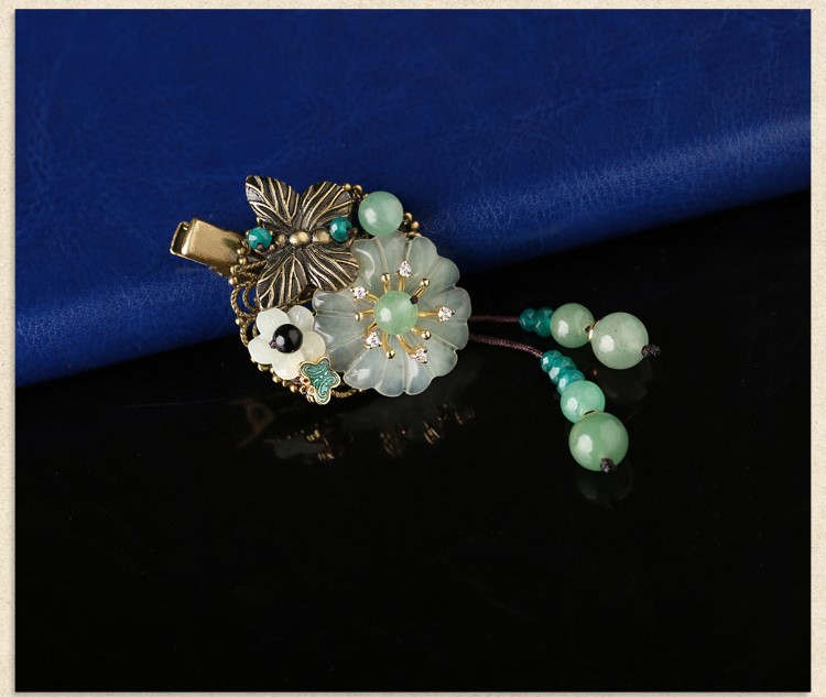 古銅花朵流蘇小發(fā)夾，岫玉花朵發(fā)夾頭飾