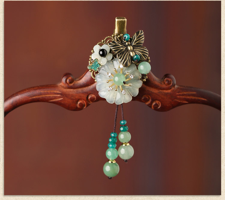 古銅花朵流蘇小發(fā)夾，岫玉花朵發(fā)夾頭飾