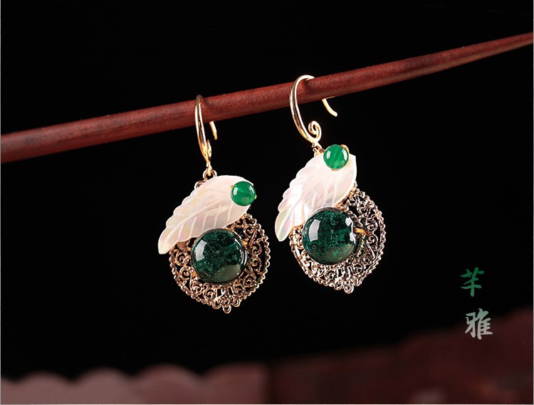 貝殼樹(shù)葉琉璃耳墜首飾，古風(fēng)氣質(zhì)清新耳環(huán)