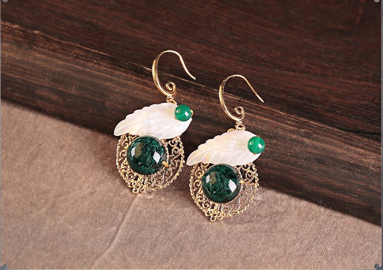 貝殼樹(shù)葉琉璃耳墜首飾，古風(fēng)氣質(zhì)清新耳環(huán)