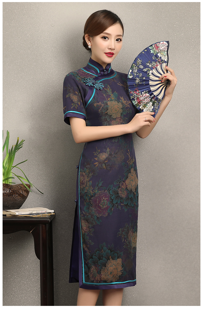紫韻真絲香云紗旗袍，復(fù)古改良短袖旗袍裙