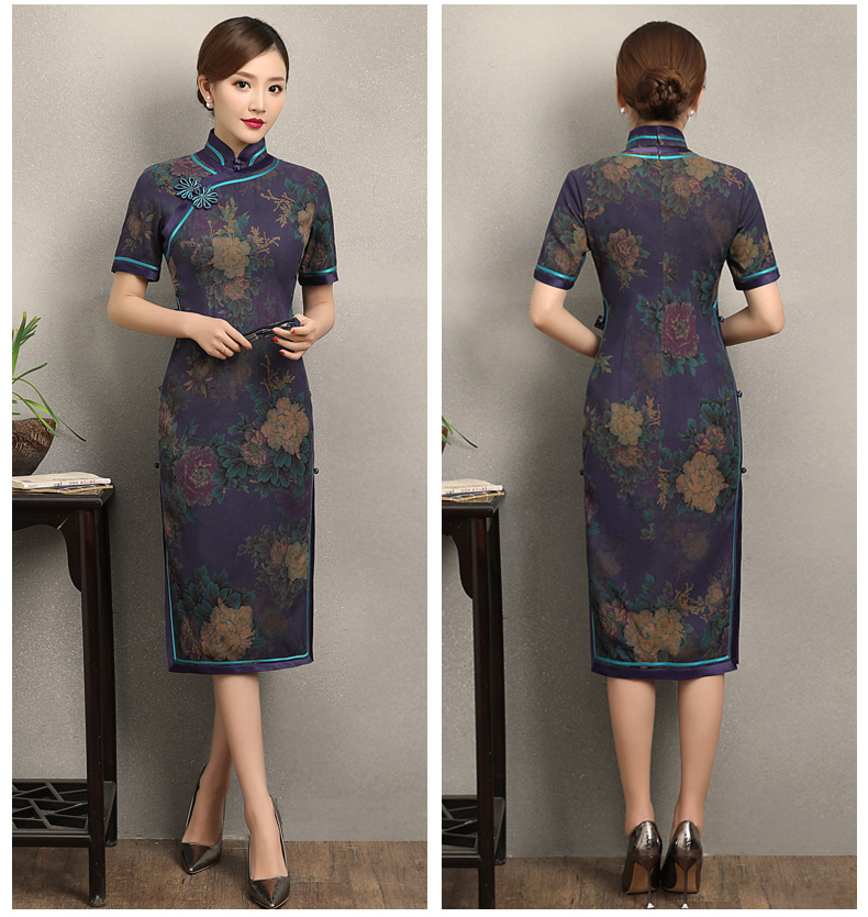 紫韻真絲香云紗旗袍，復(fù)古改良短袖旗袍裙