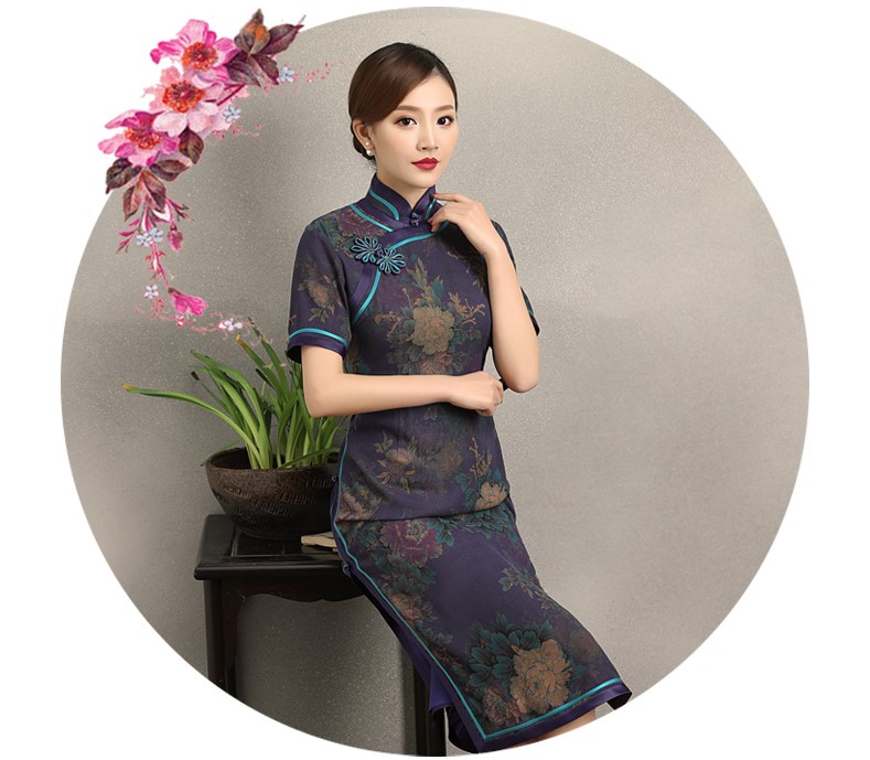 紫韻真絲香云紗旗袍，復(fù)古改良短袖旗袍裙