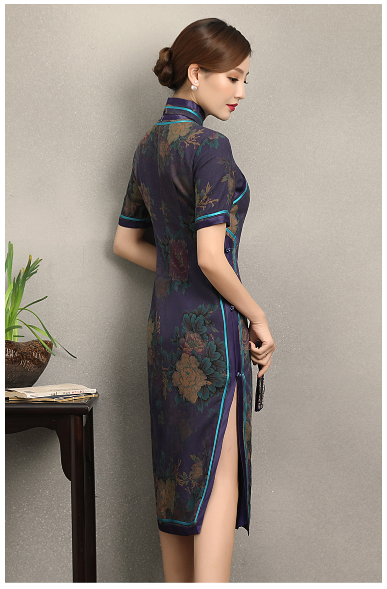 紫韻真絲香云紗旗袍，復(fù)古改良短袖旗袍裙