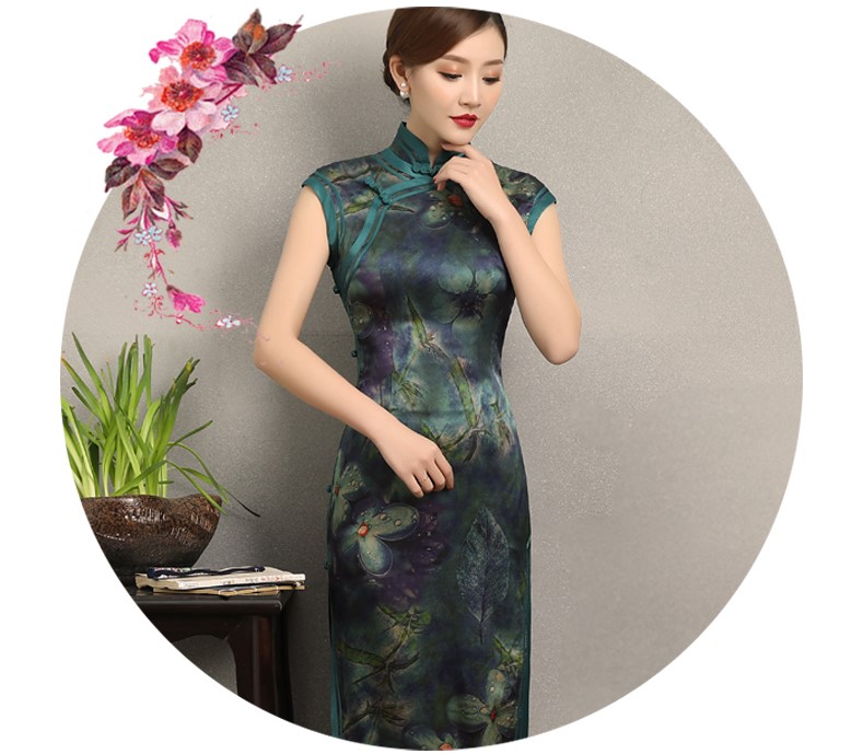 墨綠碧枝印花旗袍，復(fù)古改良短袖長款旗袍裙
