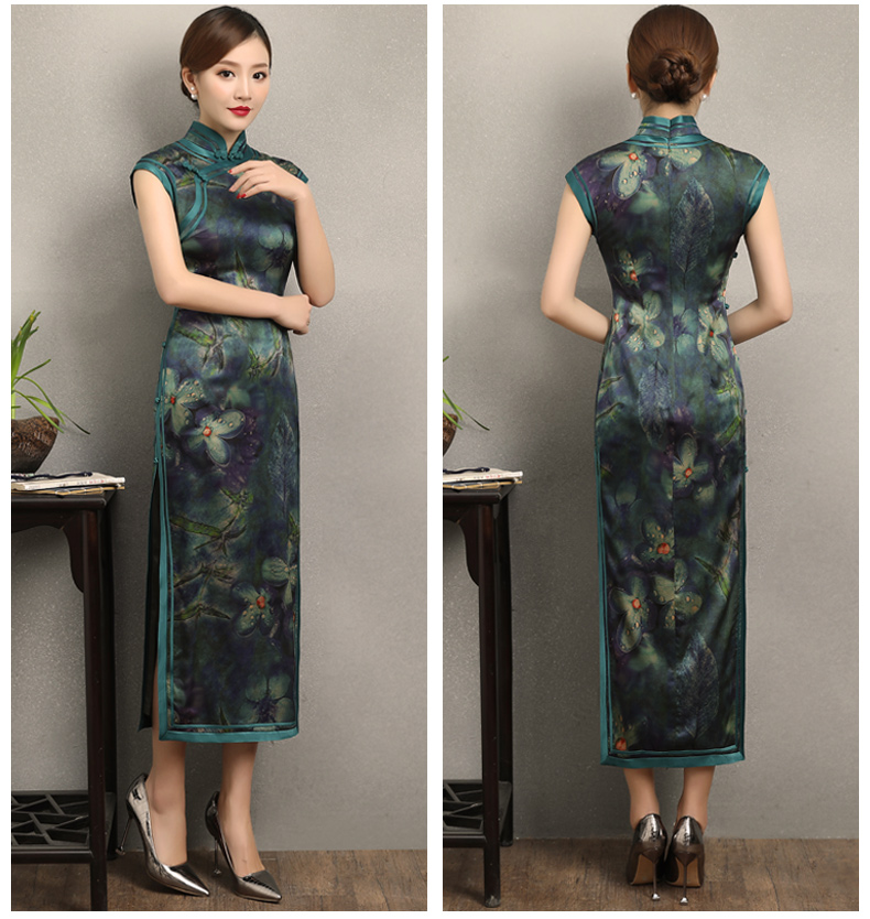 墨綠碧枝印花旗袍，復(fù)古改良短袖長款旗袍裙