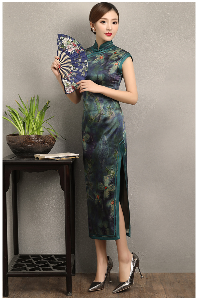 墨綠碧枝印花旗袍，復(fù)古改良短袖長款旗袍裙