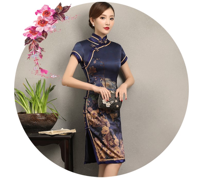 嫻云真絲旗袍，氣質(zhì)印花雅致旗袍裙