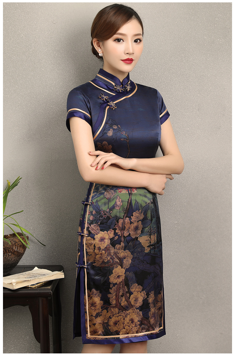 嫻云真絲旗袍，氣質(zhì)印花雅致旗袍裙