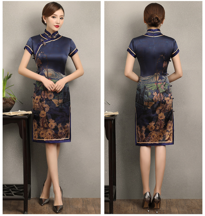 嫻云真絲旗袍，氣質(zhì)印花雅致旗袍裙